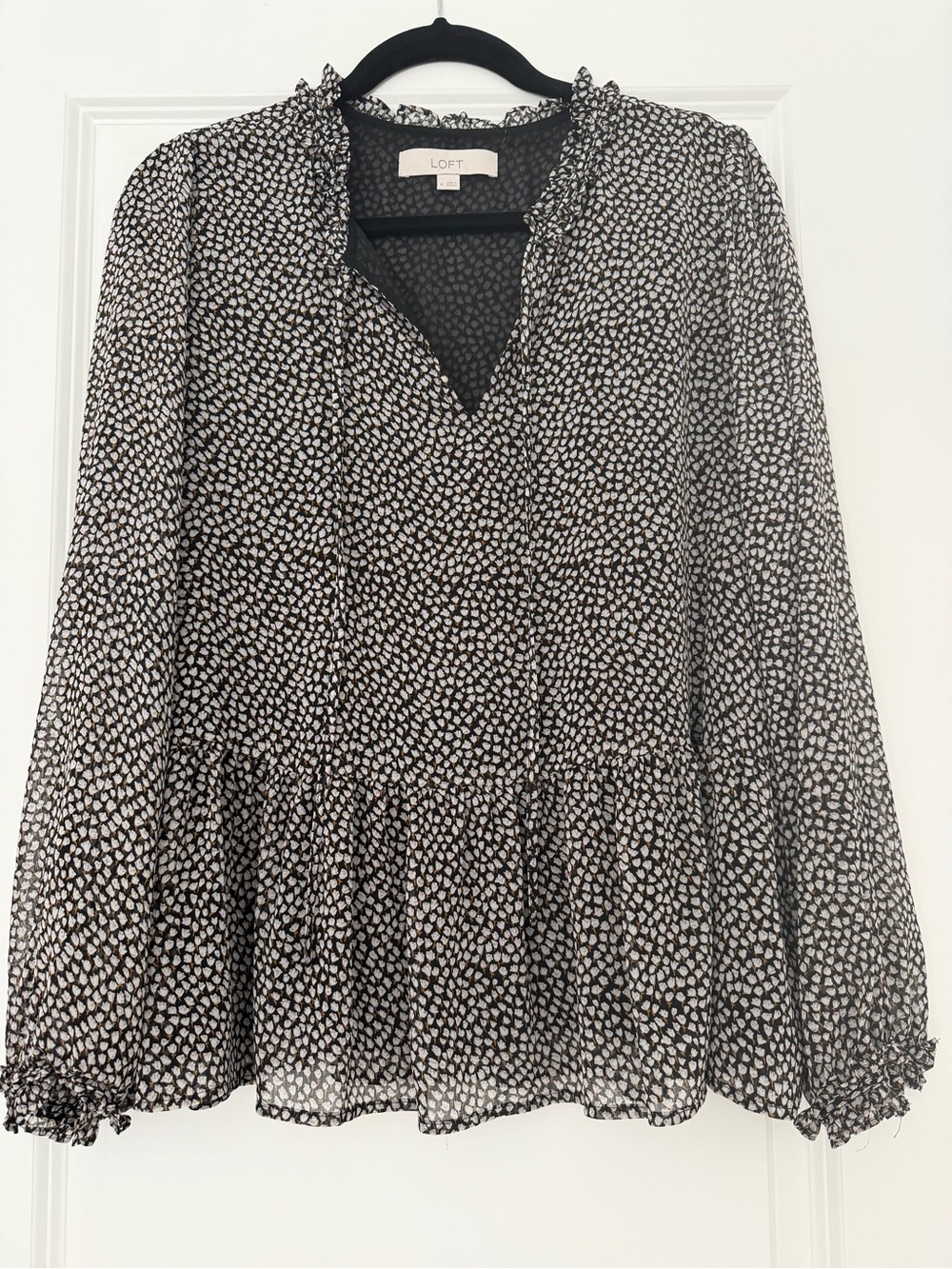 LOFT Black & White Printed Ruffle Peplum Blouse
